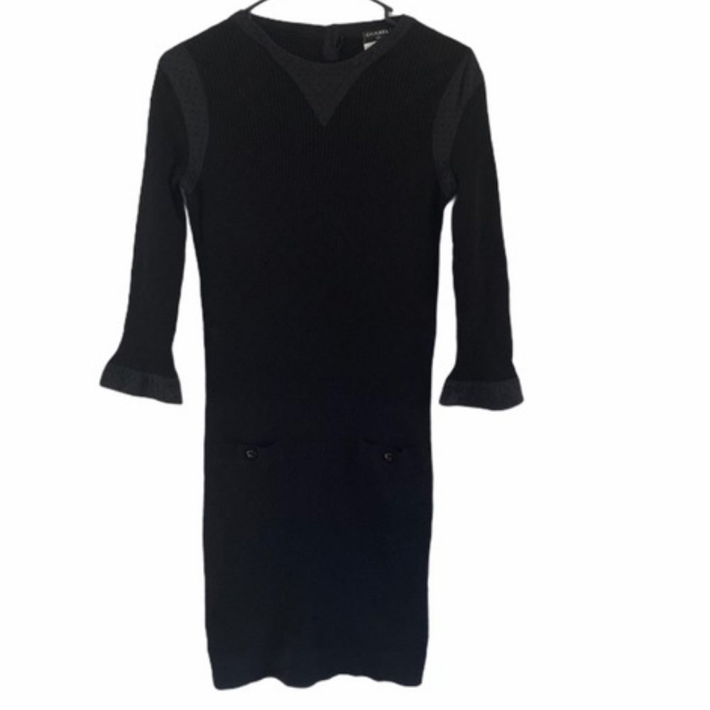 Classic Chanel Solid Black Ribbed Stretch Dress - image 5
